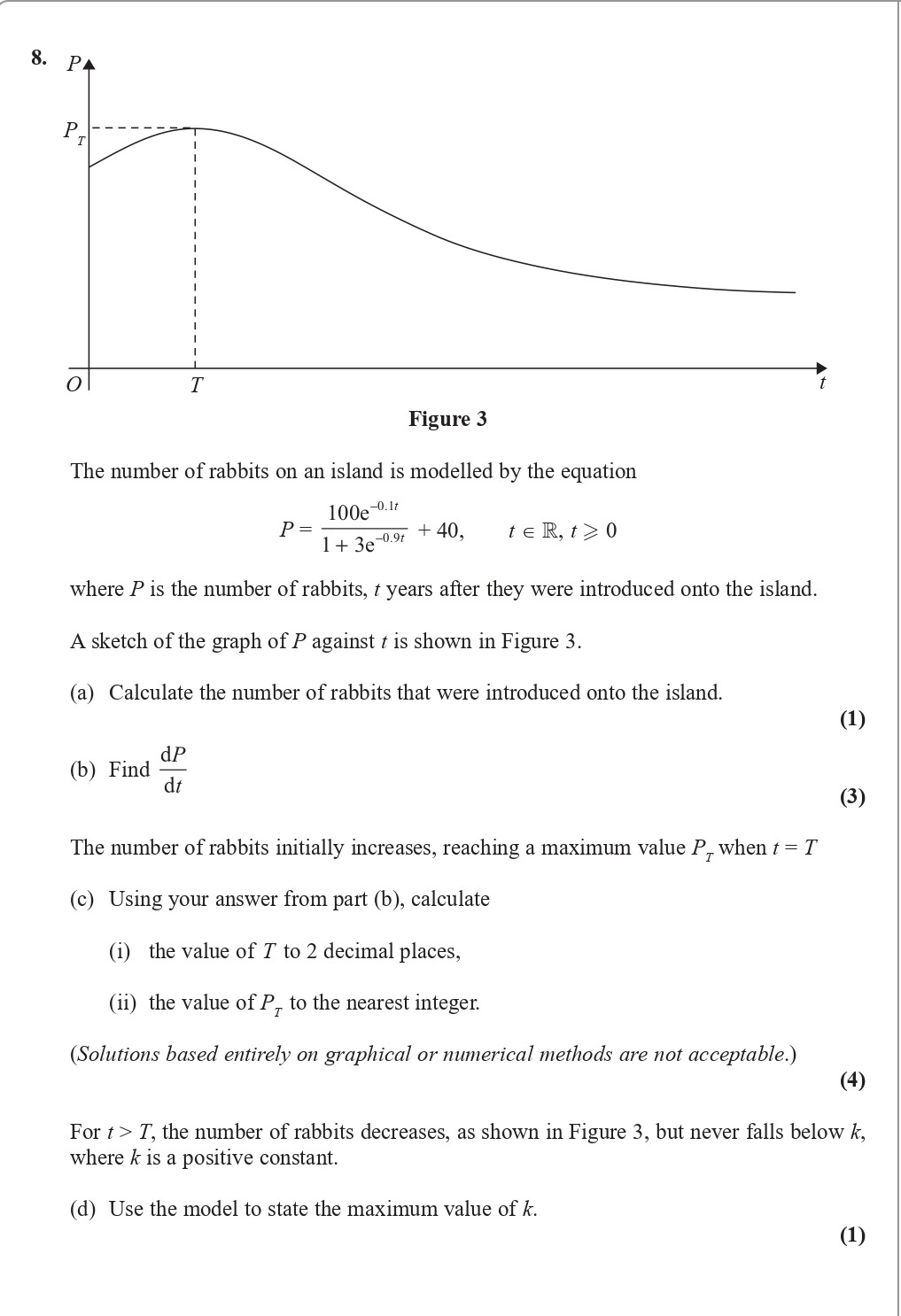 The-number-of-rabbits-on-an-island-is-modelled-by-the-equation--$$P-=-\frac{100-e^{-t/3}}{1-+-3-e^{-t/3}}-+-40,$$---where-$P$-is-the-number-of-rabbits,-$t$-years-after-they-were-introduced-onto-the-island-Edexcel-A-Level Maths Pure-Question 8-2017-Paper 4.png
